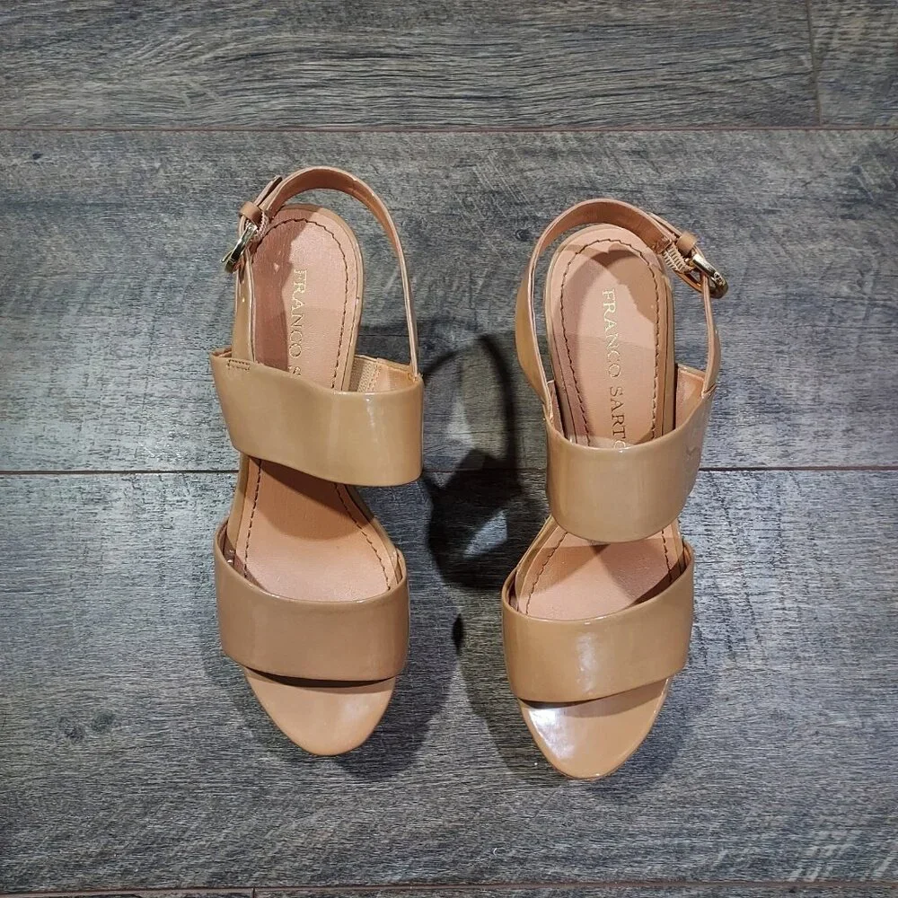 Franco Sarto Block Heel Sandal Women Size 7.5 Camel Patent Leather 4” Heel - Picture 5 of 9